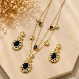 Juego de Collar y Aretes de Plata 925 de Lujo con Piedras Azules y Blancas, Joyería Nupcial India Tradicional para Mujer - Product Image 4