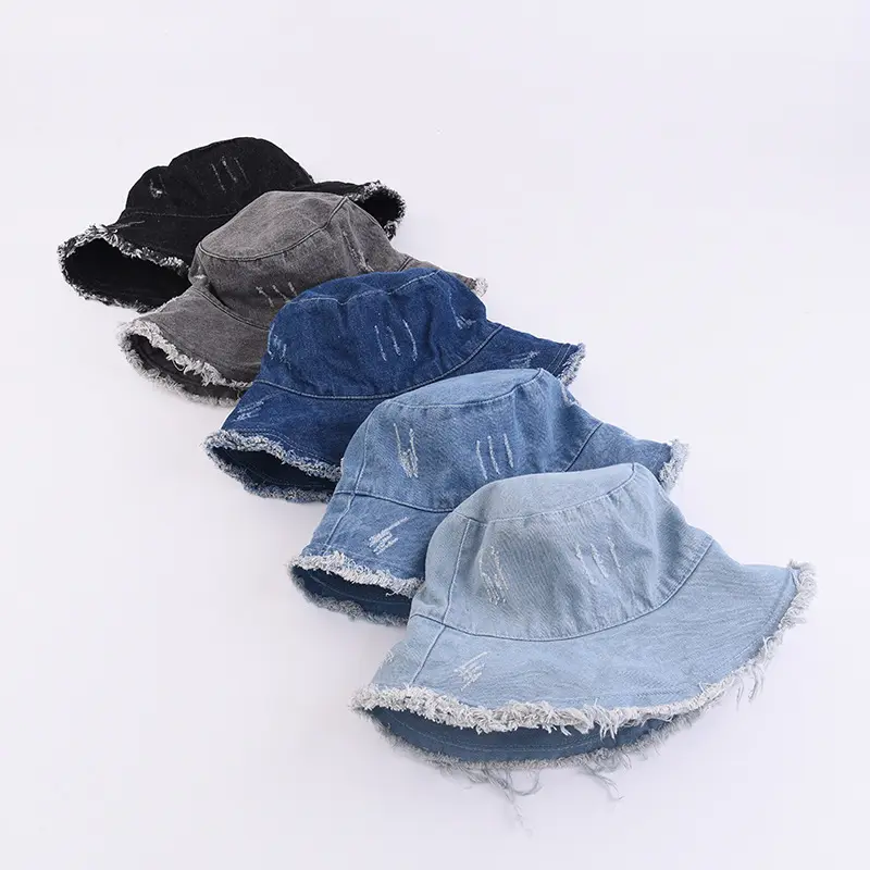 Explosive Models Unisex Washed Denim Bucket Hats Causal Jeans Bucket Hat All- Match Ruffle Bucket Hat