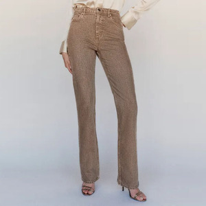 Pantalones de pana de cintura alta para mujer, de pierna recta, color liso, longitud completa, corte regular, estilo casual con bordes deshilachados, para otoño - Product Image 3