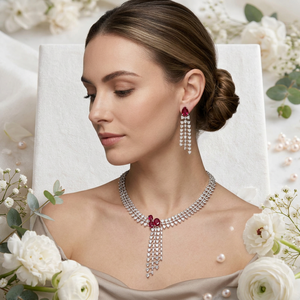 Luxury Brass Cubic Zirconia Red Drop Crystal Necklace Set <b>Silver</b> Plated Bridal Wedding <b>Choker</b> Jewelry Set for Women - Product Image 2