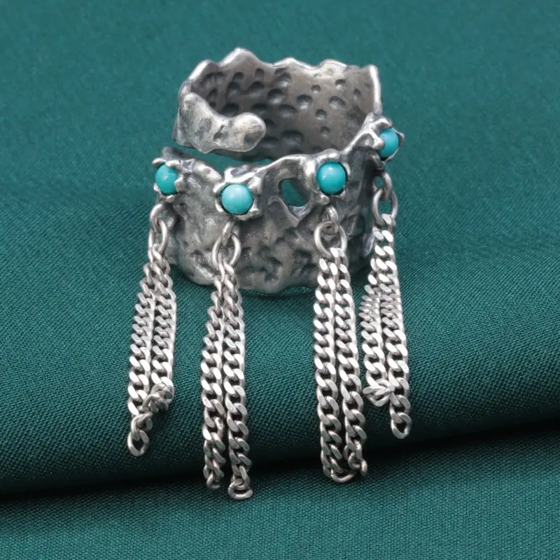 Индивидуальное винтажное изготовление S925 стерлингового серебра с кисточкой с бирюзой свободный размер кольцо для женщин и мужчин