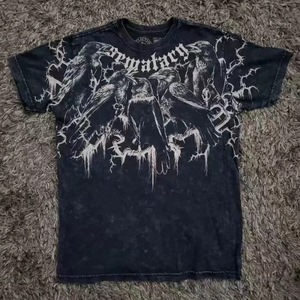 Camiseta Vintage Extra Grande para Hombre, Estampado Gráfico de Cuervo Gótico, Manga Corta, Algodón, Corte Holgado, Estilo Urbano - Product Image 1