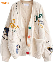 Damen Langarm-Cardigan mit Zopfmuster, offener Vorderseite, V-Ausschnitt, Knopfleiste, Stickerei, Wollmischung, Winter-Pullover-Mantel, Oberbekleidung