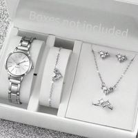 Nouvel ensemble de montres à quartz en acier inoxydable, cadran analogique en verre de 37 mm, bijoux de mode simples : collier, bracelet, bague, boucles d'oreilles