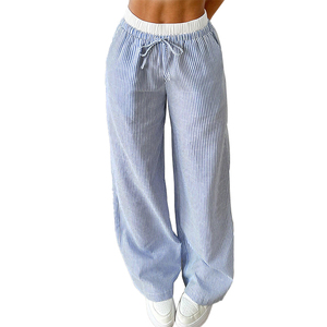 Pantaloni da <span class=keywords><strong>Donna</strong></span> a Vita Media con Logo Personalizzato, Casual Primaverili in <span class=keywords><strong>Lino</strong></span>/Cotone, Gamba Larga, <span class=keywords><strong>Blu</strong></span> a Righe, Taglie Forti - Product Image 4