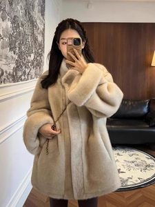 Manteau de luxe en <span class=keywords><strong>fausse</strong></span> <span class=keywords><strong>fourrure</strong></span> de vison pour femme, col rond, coupe oversize, épais, chaud et élégant, veste fourrée unie - Product Image 1