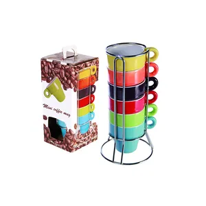 Штабелируемые чашки для эспрессо с подставкой, набор из 6 разноцветных Штабелируемых кофейных кружек с металлической подставкой