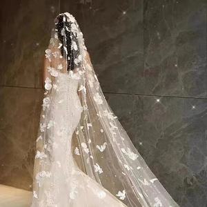 Nouveau voile français en dentelle de fleur d'ananas, luxe Flash perceuse Extra longue queue voile doux de mariée Super fée blanc <span class=keywords><strong>Vintage</strong></span> perle voile - Product Image 3