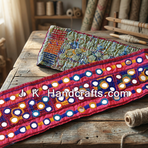 Cinturón Étnico Bordado de Algodón con Patrón Rojo, Azul y Naranja, Accesorio Hecho a Mano - Product Image 4