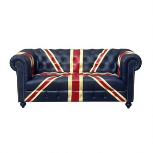 Designer Union Flag Genuine Leather <b>Foam</b> <b>Sofa</b> Deep Button Tufted Back Solid Wood Frame Rolled Arms Eco-Friendly Transitional - Product Image 3