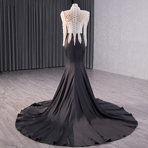 Heavy Pearls Satin Mermaid Prom <b>Dresses</b> 2024 <b>Black</b> Girls High Neck Long Sleeves <b>Plus</b> <b>Size</b> Formal <b>Evening</b> Gowns RSM241007 - Product Image 5