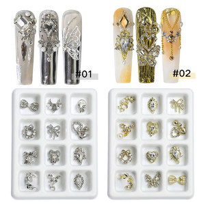 12 faux ongles longs à presser, papillon en strass cristal 3D, luxe léger, multicolores, kit de manucure - Product Image 4