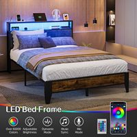 Lit plateforme vintage pleine taille avec tête de lit en métal, rangement à 2 niveaux, anti-grincement, éclairage LED et station de charge intégrée