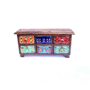 Mango Wooden Trinket Storage Small Item with 6 ceramic painted drawer Spice Masala Storage Chest Jewellery Box Multipurpose Rack