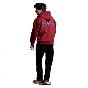เสื้อฮู้ดซิปผู้ชาย สีแดง ผ้าฝ้ายฟลีซ สวมใส่สบายๆ สำหรับฤดูใบไม้ร่วง ทรงปกติ สีพื้น แบบถัก - Product Image 4