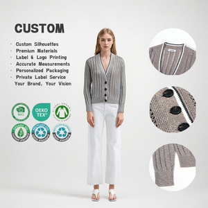 Cardigan en tricot gris personnalisé à col en V et manches longues, pull en coton côtelé ajouré tricoté pour femmes, vente en gros - Product Image 1