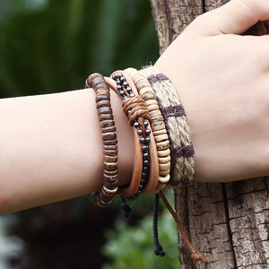 Pulsera trenzada de piel de vaca y concha de Coco para hombre, pulsera de cuero de cuerda de cáñamo - Product Image 6