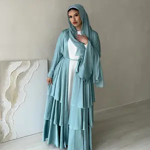 Muslim Layered Open Front Dress Long Sleeve Modest Open Abaya With Belted For Women