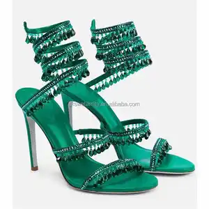 Genuine Leather Top Grade Luxury Design Shinny Green Glitter Dress Shoes Rhinestone Crystal Diamond Ankle-wrap Stilettos Sandals