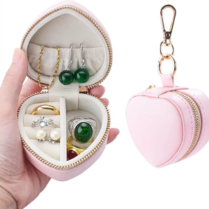 Customized Vintage Heart Shaped PU Leather Jewelry Travel <b>Box</b> Portable Zipper Storage Case Keychain Ring <b>Holder</b> <b>Earring</b> Case - Product Image 1