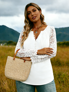 Chemisier décontracté Joyinspring style européen sexy en dentelle à manches longues grande taille pour femme, coupe ample, printemps/été, en fibre de lait avec boutons - Product Image 3