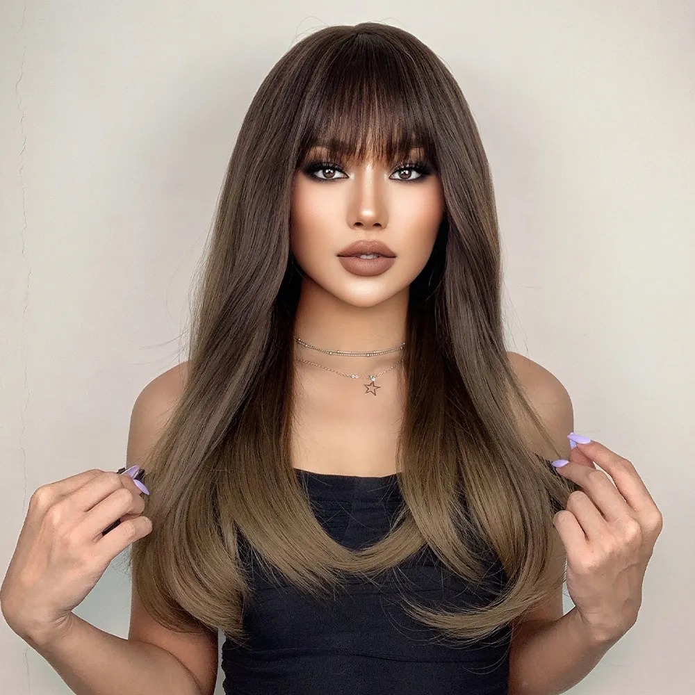 26 Inches Long Smooth Straight Wigs Ombre Brown Synthetic Hair for Women Allure Romance