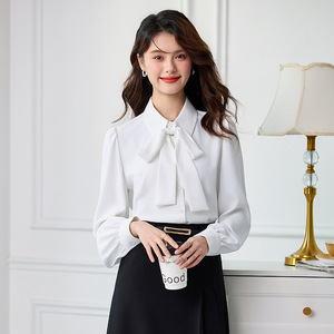 Women's Long Sleeve Bow Tie Blouse Solid Color Polyester Poplin Office Shirt XN6778 - Product Image 4