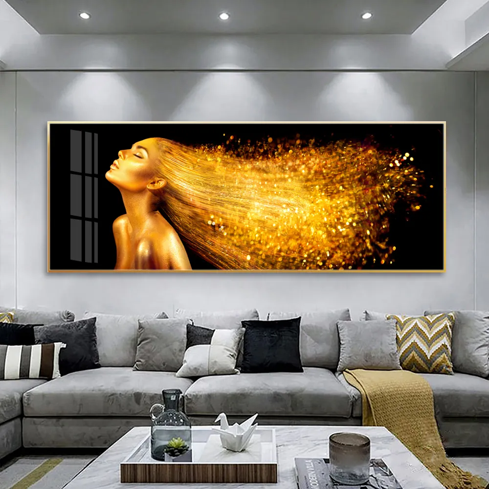 Moderne Frauen Porträt Leinwand Malerei Gold Stil Wand kunst Poster HD Bild benutzer definierte Druck für Home Decoration