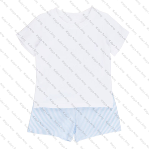 Pakaian anak laki-laki Set pakaian biru muda bergaris baju bayi laki-laki baju Romper musim panas kemeja anak laki-laki + Set pendek - Product Image 2