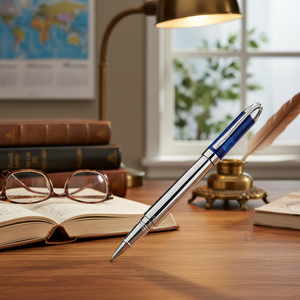 Penna Roller in Ottone Lucido Cromato Effetto Marmo Blu per Scrittura - Product Image 3