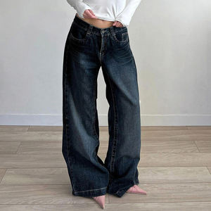 Jeans amples de style américain pour femmes, fermeture éclair asymétrique, jambe droite, large, longueur au sol, pantalon en denim - Product Image 1