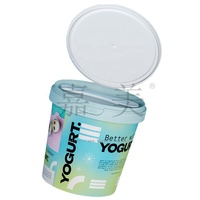 Pot en plastique pour yaourt et gelato avec couvercle et cuillère intégrée, rond, 500 ml, étiquette IML imprimée, pot pour crème sure