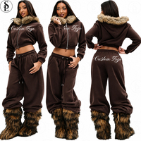 Ensemble 2 pièces pour femme, sweat à capuche court zippé avec bordure en fausse fourrure, pantalon de survêtement ample à taille élastique et cordon de serrage, style Y2K, survêtement d'hiver