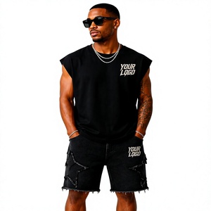 Custom Logo Men's Oversized Sleeveless Tank <b>Top</b> and <b>Distressed</b> Denim Shorts Set Cotton Muscle Tee oversized sleeveless - Product Image 1