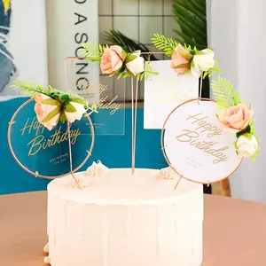 Alta qualidade ferro bolo topper decoração acrílico redondo quadrado bolo topper com flor para feliz aniversário cae topper decoração