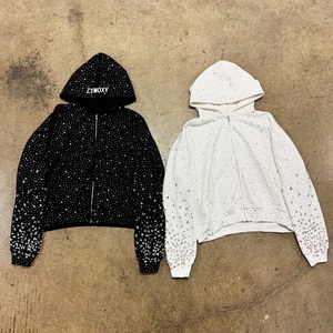 Custom French Terry Boxy Fit Cropped Hoodies Diamond Zipper <b>Jackets</b> Oversized Rhinestone Hoodie Manufacturers - Product Image 4