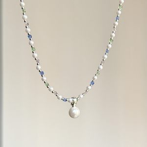 Collier imitation perles pour femme, pendentif rond perlé, chaîne en cristal coloré, bijoux élégants, accessoire de mode - Product Image 1