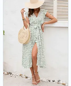 2023 Custom Private Label American Clothing Wholesale Women Printing Tiered Elegant Long Sleeve Ruffle Floral Maxi Dress