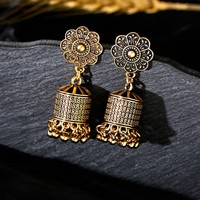 Douvei Anting Giwang Mutiara Berlapis Emas, Perhiasan Rumbai Manik-manik Bulat Ukiran Lotus Pola Bunga Matahari