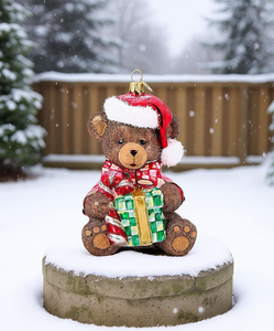 Ornamento a Forma di Orsacchiotto in Vetro con Motivo Courtly Check di MacKenzie-Childs, Decorazione Natalizia Fatta a Mano, da Appendere per Interni e Giardino - Product Image 2