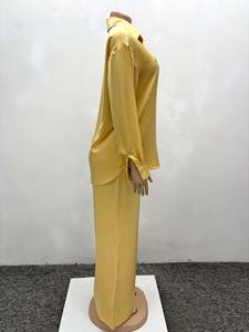 Dames Nieuwe Revers Cardigan Knoopsluiting Effen Kleur Blouse Hoge Taille Wijde Pijpen Broek Casual 2-delige Set - Product Image 6