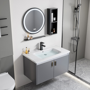 Mueble de Baño Moderno de Pared con Acabado Lacado LED Resistente al Agua, de Aleación de Aluminio, con <span class=keywords><strong>Lavabo</strong></span> de Cerámica - Product Image 2