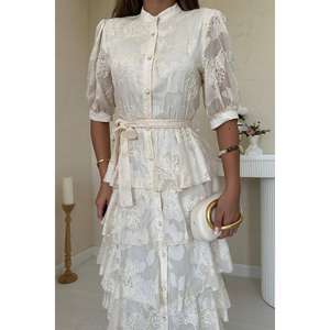 Robe élégante beige à motifs superposés, taille unique XL, longueur genou, pour le quotidien, les fêtes et le bureau, décolleté sans bretelles - Product Image 2