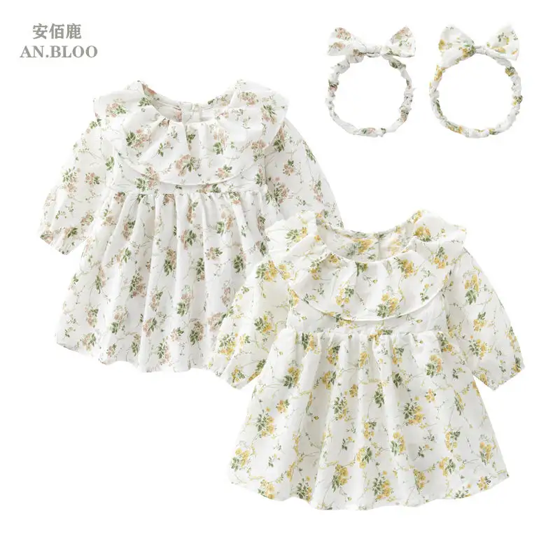 Full Lovely Long Sleeves Ruffles Jumpsuit Baby Girls Cotton Floral Romper Dress Baby Gown Dress