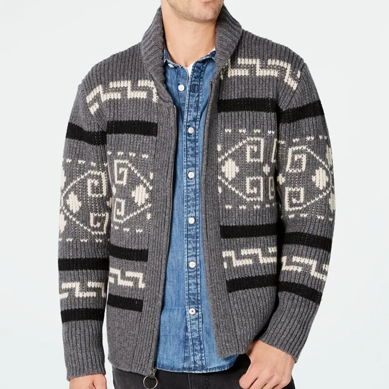 Fashion lapel casual cardigan coat jacket long sleeve winter men cardigan slim jacquard knit sweater