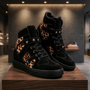 Retro Leopard Print Leather Star Rivets Built-in Heel Lift <b>Wedge</b> Heel <b>High</b>-<b>top</b> Boots Thick Sole Stylish Athletic Velcro Shoes - Product Image 1