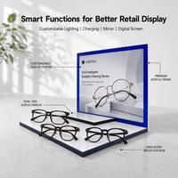 Présentoir à lunettes en acrylique bleu avec bordure, plateforme plate multi-lunettes, panneau arrière vertical imprimé sur mesure, support de comptoir