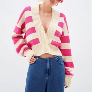 2024 ODM Suppliers Custom Women Sweet Cardigan Women Sexy Bat Sleeves Knitted Cropped Striped Cardigan Sweater With But