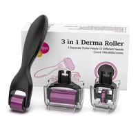 Kit de rouleaux Derma 3-en-1 à poignée noire, 180 aiguilles pour le contour des yeux, 600 aiguilles pour le visage, 1200 aiguilles pour le corps, traitement des vergetures, réutilisable
