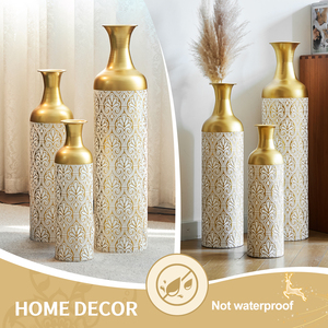 Set di 3 vasi cilindrici alti in metallo bianco oro, decorativi per fiori, con motivo a rilievo, centrotavola moderno di lusso - Product Image 6
